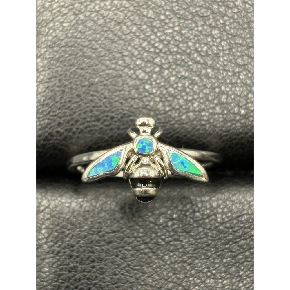New Condition Sterling Silver Lab Blue Opal Bee Ring Size 7 G14